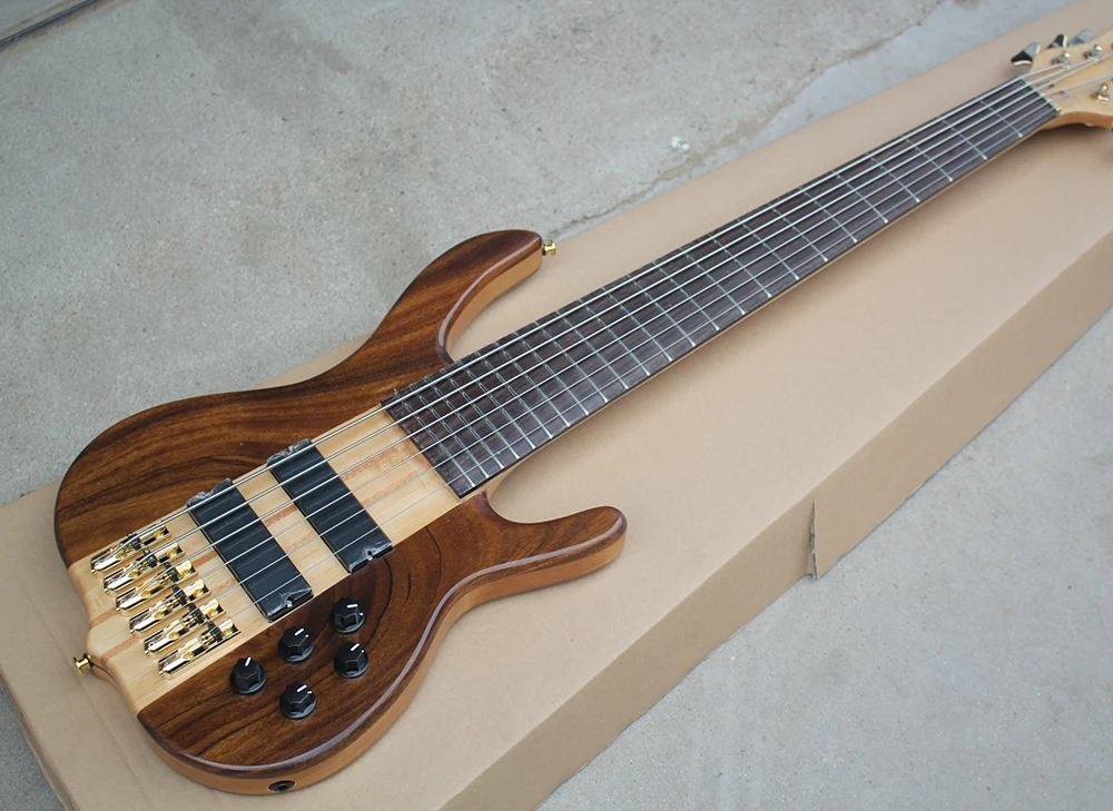 

6 Strings Brown Neck-thru-Body Electric Bass Guitar with Active Circuit,Rosewood Fretboard,Strings Distance 19 mm