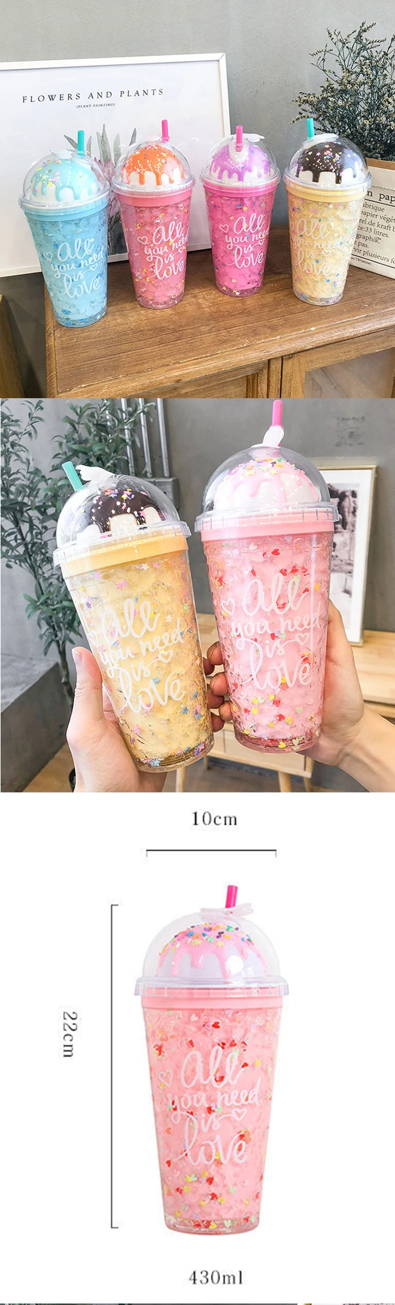Cute Ice Cream Drinking Cup Straw Plastic Cup Colorful And Fun Design Favorite Gift Bottle For Girls And Kid - 600Ml
