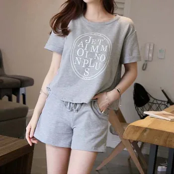 

Women Letter Printed Pajama Set Round Collar Short Sleeve Loose Summer Pajama Suit