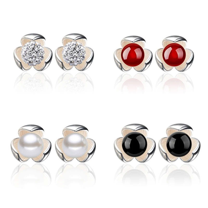 Нежный красный черный натуральный камень жемчуг кристалл серьги гвоздики с цветком Форма 925 пробы серебряные серьги ювелирные изделия S-E143