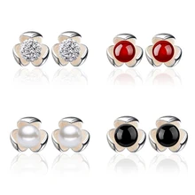 Нежный красный черный натуральный камень жемчуг кристалл серьги гвоздики с цветком Форма 925 пробы серебряные серьги ювелирные изделия S-E143