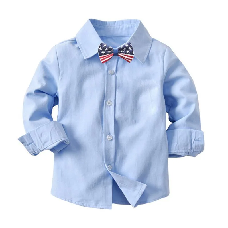 Boy Clothes Children's Shirt Cotton Autumn Long Sleeve Children's Shirt+ Bow Tie Boy Clothes School Suit Shirt