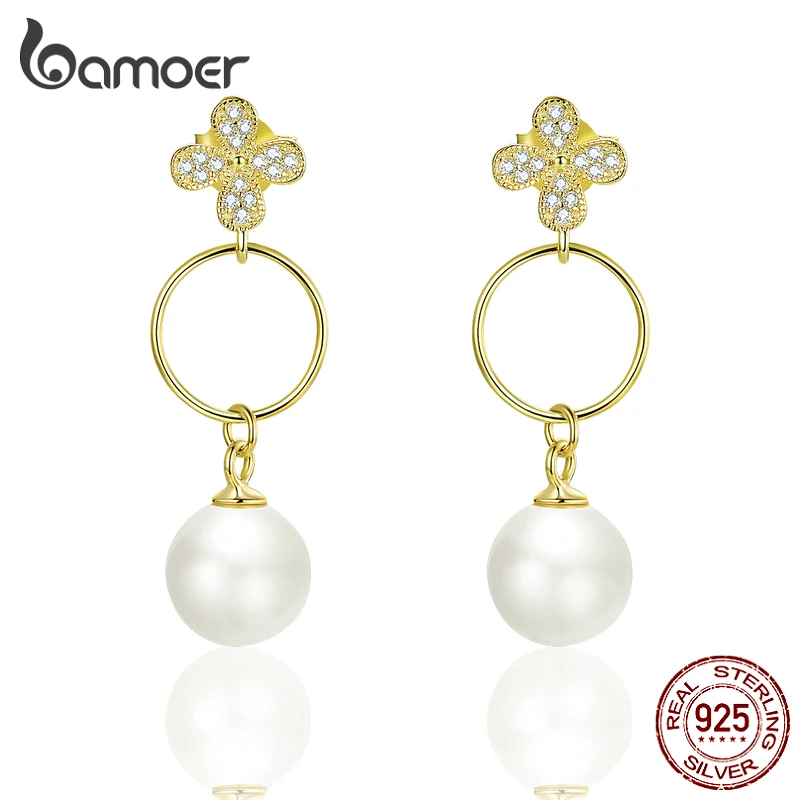 

bamoer Authentic 925 Sterling Silver Vintage Big Pearl Drop Earrings for Women European Elegant Female Statement Jewelry SCE800