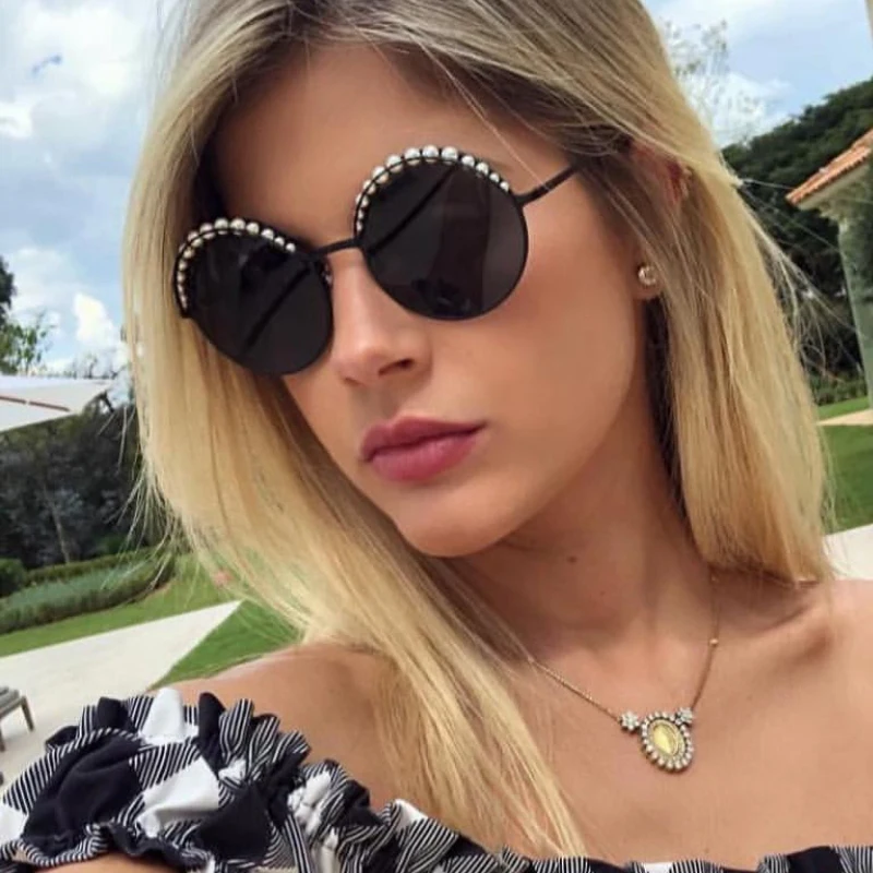 

QPeClou Vintage Round Sunglasses Women 2019 Luxury Brand Designer Pearls Sun Glasses Female Mirror Eyeglasses Oculos Gafas