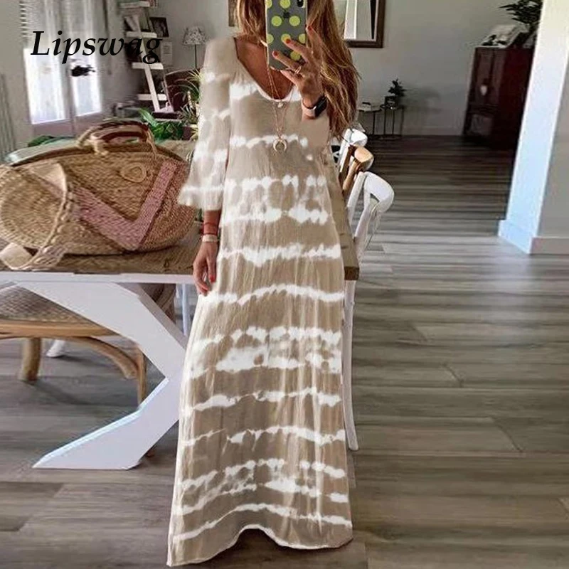 

Lipswag 5XL Sexy V-neck Striped Print Floor-Length Dress Women Autumn Long Sleeve Boho Party Dress Female Maxi Dresses Vestidos