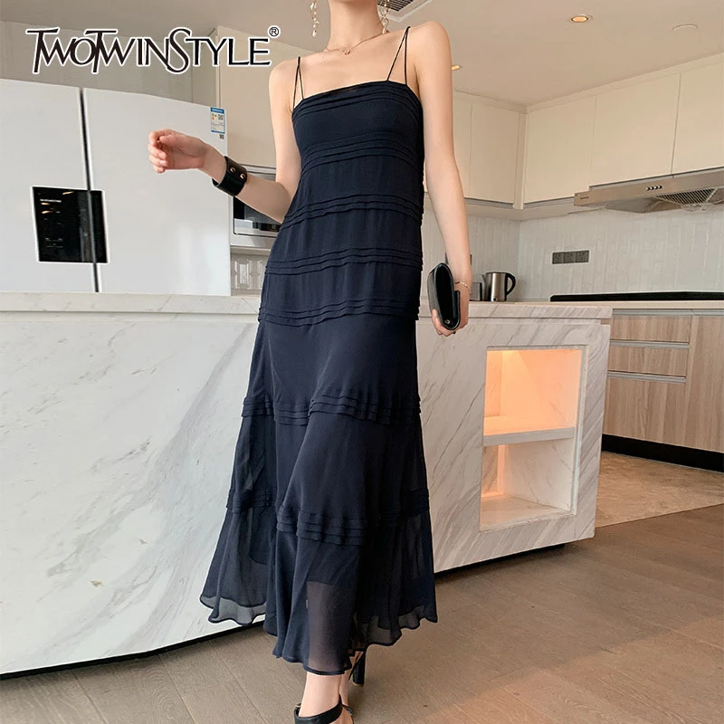 TWOTWINSTYLE Spaghetti Strap Dress For Women Off Shoulder Backless High Waist Ruffle Sexy Party Dresses Female 2020 Summer New TWOTWINSTYLE Spaghetti Strap Dress For Women Off Shoulder Backless High Waist Ruffle Sexy Party Dresses Female 2020 Summer New