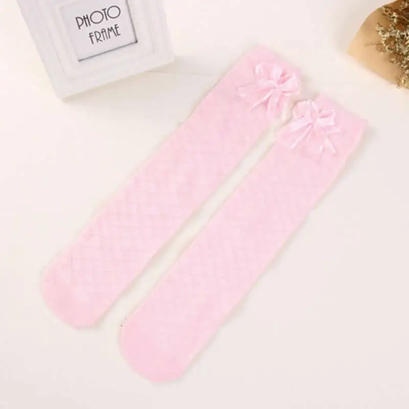 Pink mesh bow side Мультяшные детские носки, детские хлопковые гетры до колена с изображением медведя, носки для мальчиков и девочек, детские носки, 3-12 лет - Цвет: Pink mesh bow side