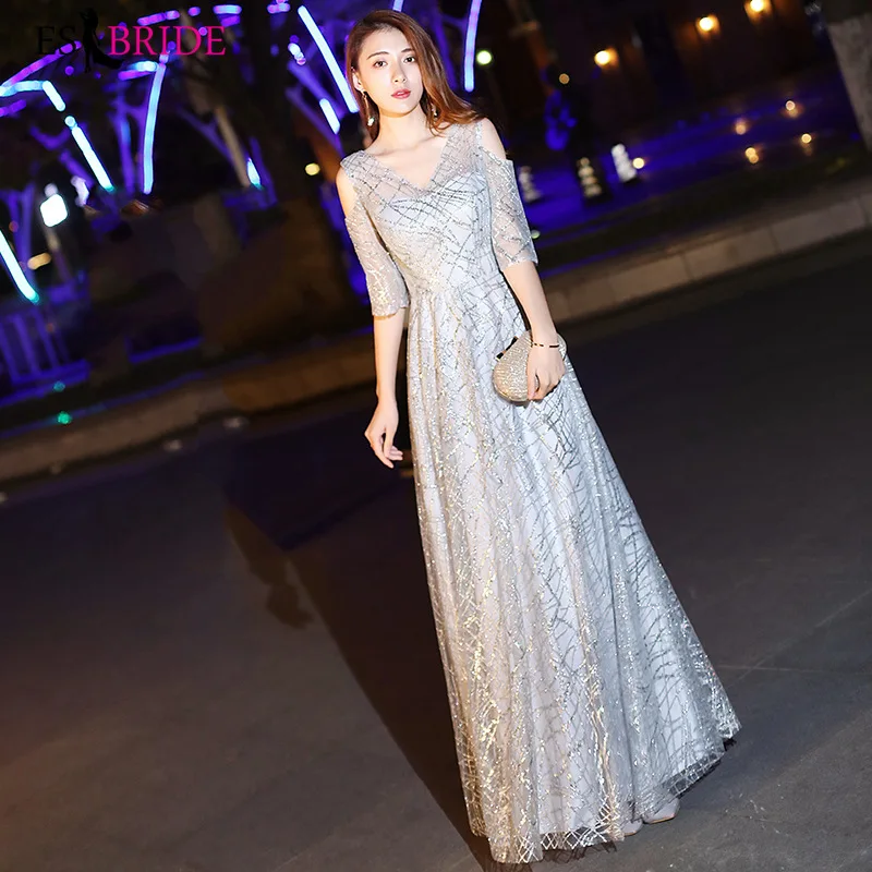 

Elegant Slive Lace Evening Dresses Long ES30360 Short Sleeve Sexy Deep V-neck Robe Evening Party Gown