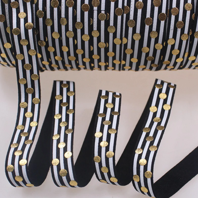 

Wholesale 5/8" Big Gold Foil Dots White Ink line Printed Black FOE Fold Over Elastic Ribbon 50Yards