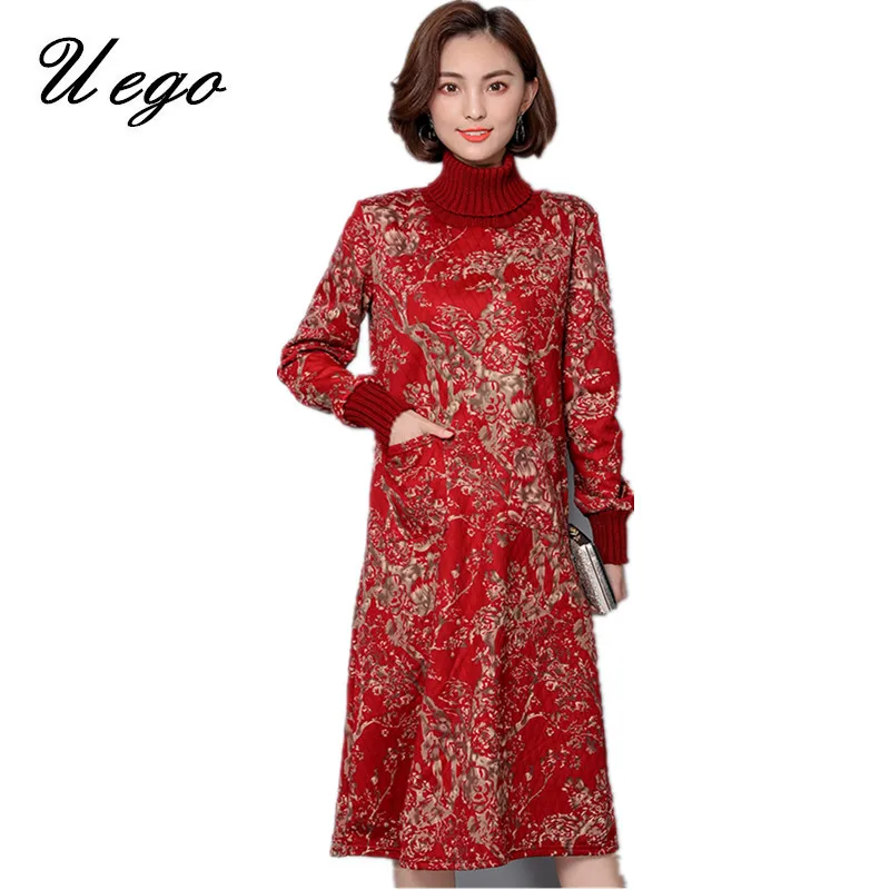 

Uego 2019 New Arrival Thick Warn Padding Cotton Autumn Winter Dress Turtleneck Print Floral Vintage Dress Women Casual Dress
