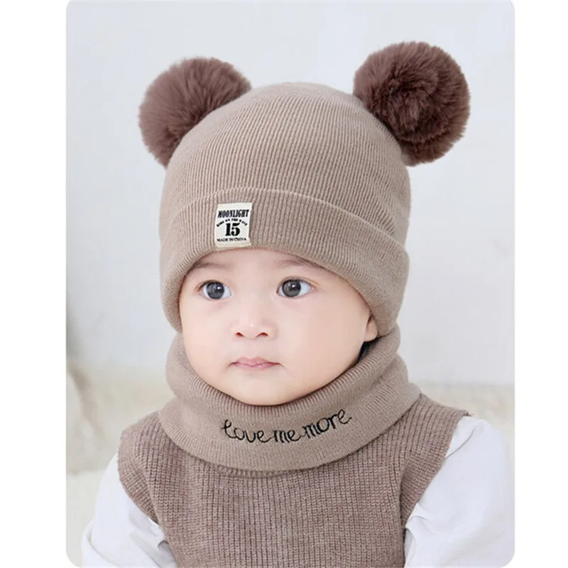 Детская зимняя шапка для маленьких мальчиков и девочек, комплект из вязаной теплой шапки с помпонами и шарфа
