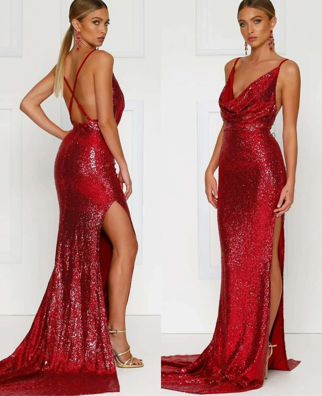 

Long Sequined Cowl Neck Red Evening Dresses with Slit Mermaid Sexy Back CourtTrain Robes De Mariée Party Gowns For Women
