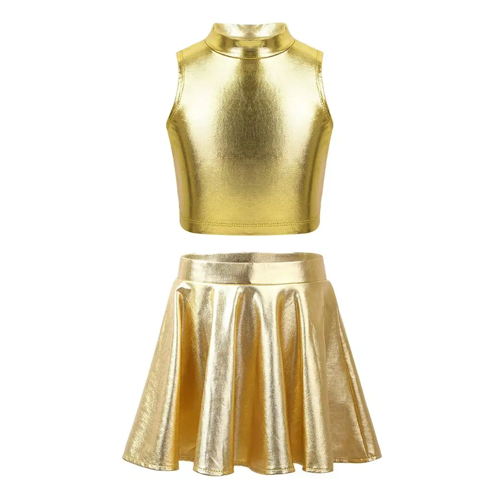 Children Clothing Girl Metallic Sleeveless Tops Flared Pleated A-Line Mini Short Skirt Kids Outfits 2pcs Clothes Set Dance Wear