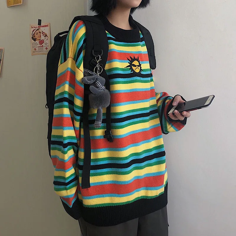 Woherb, корейский стиль, Harajuku, радужные полосатые пуловеры, джемперы с длинным рукавом, Ретро стиль, свободный свитер, женская мода, новинка 91320