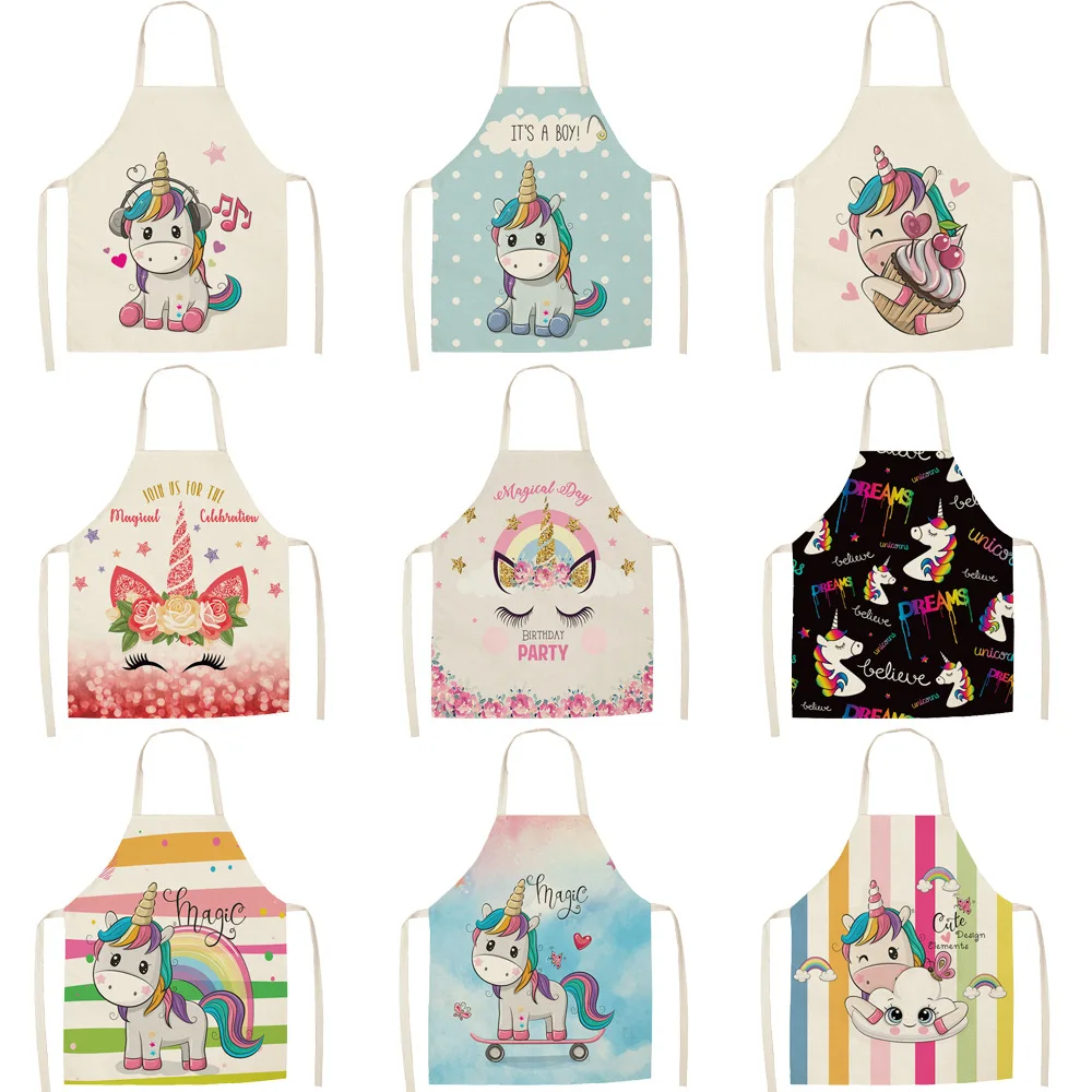 New Linen Apron Unicorn Printed Kitchen Apron Women Baking Waist Bib Home Cooking Brief Sleeveless Pinafore Apron