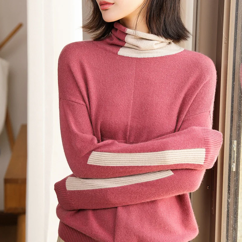 Чистый козий кашемировый трикотажный свитер женский высококачественный пуловер с высоким воротом Женская зимняя модная одежда топы для девочек - Цвет: shan zha hong