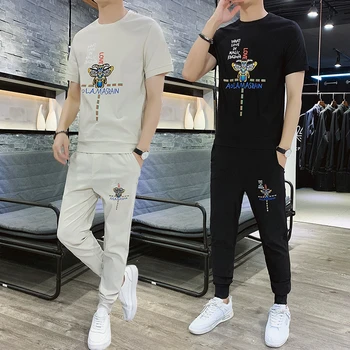 

Two Pieces Set Streetwear Tracksuit Men Jogger 2020Outfit Men's Summer Teenager Printed T-shirt Brand Pants Slim Clothes Sports