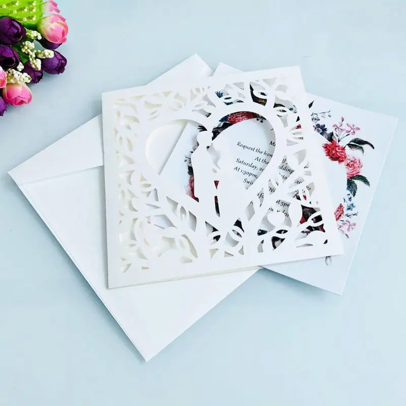  10pcs Romantic Laser Cut Wedding Invitation Card Groom Bride Carved Pattern Hollow Out Banquet Part - 4000265581290