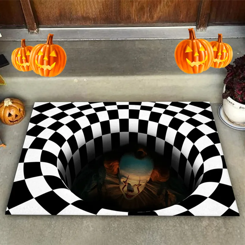 

3D Illusion Vortex Doormat Square Black White Grid IT Clown Carpet Home Fun Rugs Halloween Decor Mat