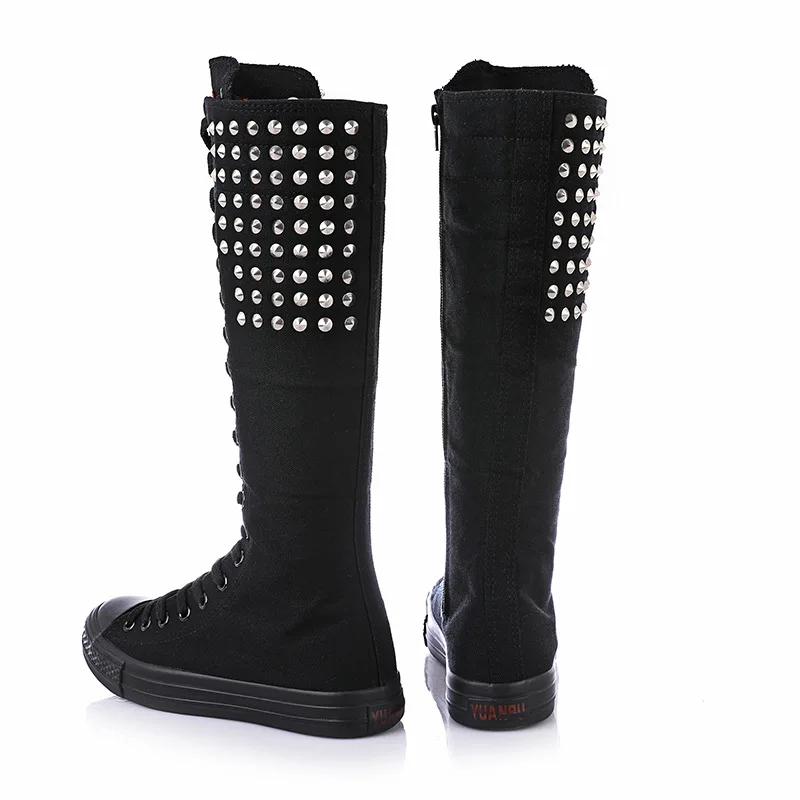 New Spring Autumn Women Shoes Canvas Punk Casual High Top Shoes Long Boots Lace-Up Zipper Comfortable Flat Boots Sneakers
