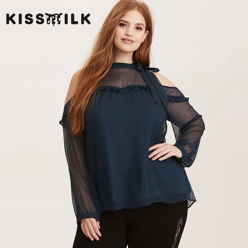 

Kisilk Europe And America Large Size Gauze Joint Transparent Hollow out Leakage Shoulder Collar Lace-up Long-sleeved Shirt