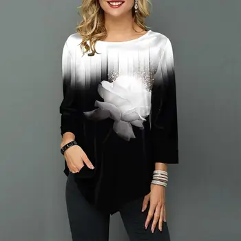 

Women Autumn sexy Gradual Floral Print O Neck Long Sleeve Asymmetric T-Shirt Cold Shoulder Tops Casual Turtleneck Knitted Top