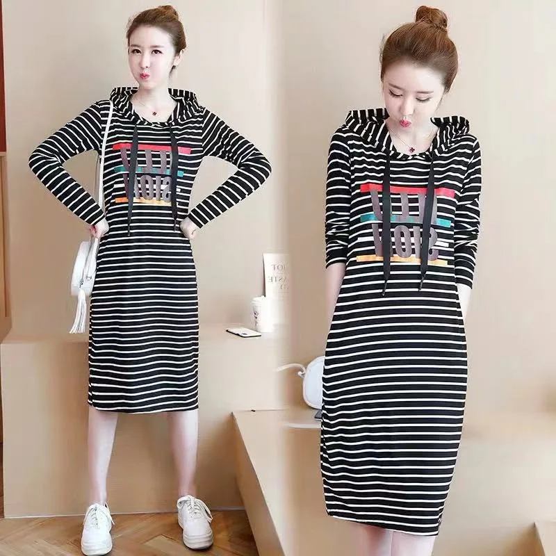 

Long Sleeve Blouses Spring And Autumn 2019 New Style Korean-style Large Size Loose-Fit Slimming Stripes Hooded Mid-length T-shir
