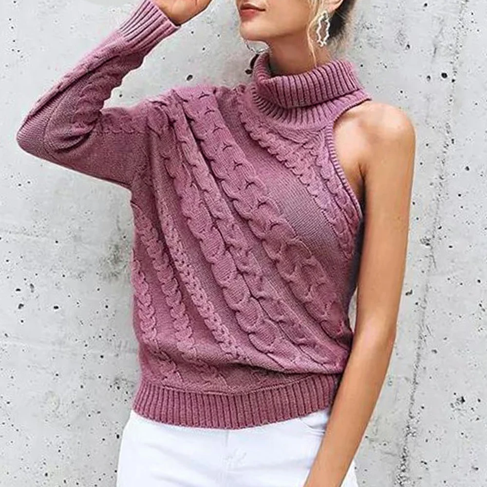 Cysincos Trendy Women clothes Long Sleeve Knitted One Shoulder Sweater solid Turtle Neck Pullover Jumpers Outwear Female | Женская