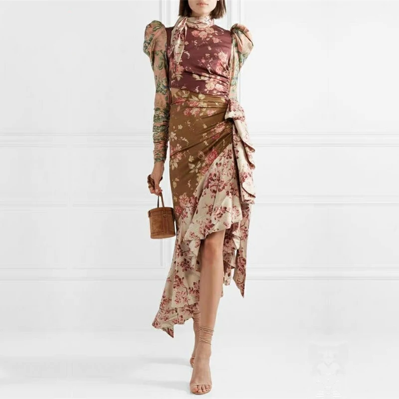 

Brand Runway Designer High Quality Vintage Elegant Woman Dress Floral Print Bow Holow Out Exposed Waist Female Dress