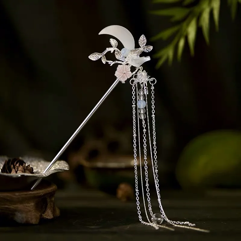 

Chinese Hanfu tiara Long Moon Hair Stick Women Hair Accessories Silver Flower Leaf Crystal Headpiece Hairpin Women Hair Jewelry