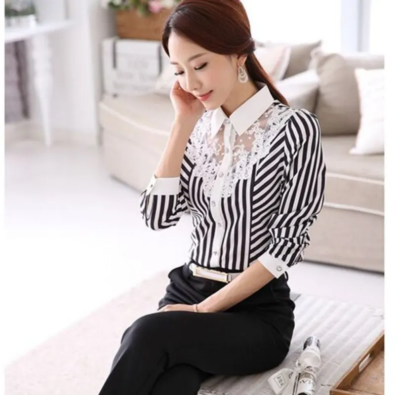

ETOSELL Women Turn-Down Collar OL Long Sleeve Lace Blouses Female Striped Formal BlouseTops