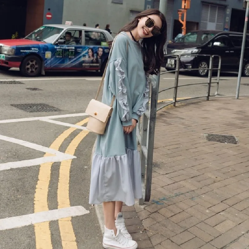 

Photo Shoot CHIC Korean-style Cloudy Blue Frilled Joint Loose-Fit Long Crew Neck Flounced Hoodie Dress Women's Autumn