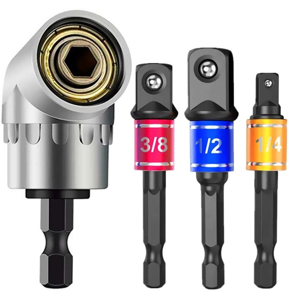 

3pcs Power Screwdriver Driver Socket Bit 1/4" 3/8" 1/2" Hex Shank Power Extension Bar Adaptor + 105 Degree Right Angle Drill