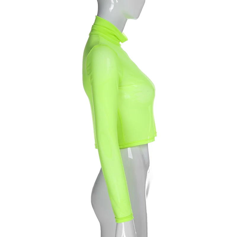 Darlingaga прозрачный неоновый сетчатый топ Женская футболка Водолазка с длинным рукавом Базовая футболка неоновый зеленый сексуальный укороченный Топ Футболка уличная одежда