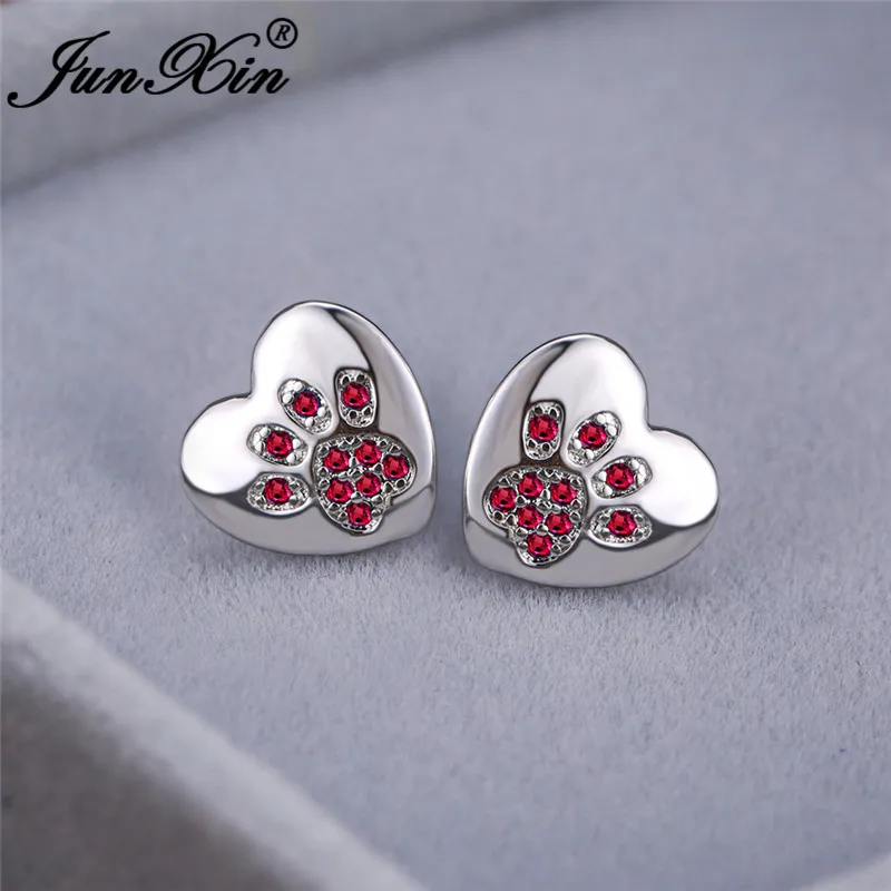 Cute Animal Bear Cat Dog Paw Stud Earrings For Women Men Silver Color Green Pink Purple Zircon Heart Earring Wedding Jewelry