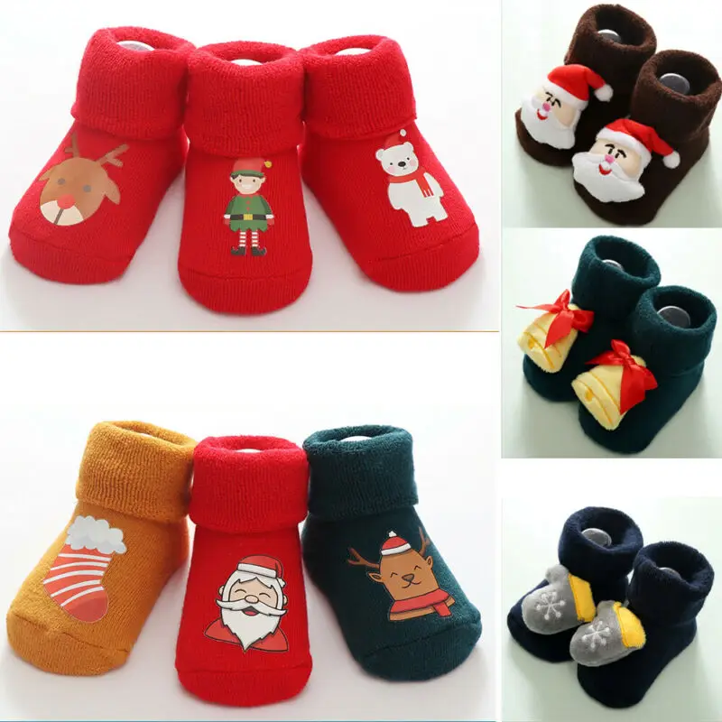 3 шт./1 шт., детские рождественские носки для маленьких девочек и мальчиков зимние теплые рождественские Нескользящие носки тапочки для малышей