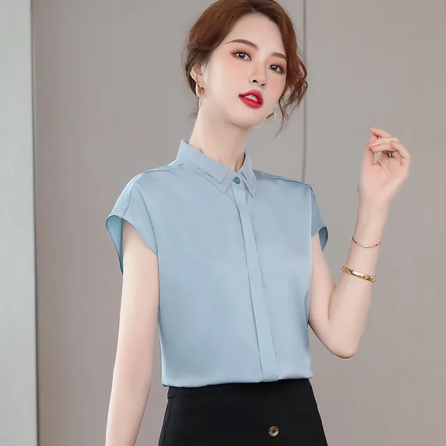 Light Blue Shirt Women Design Summer High End Chiffon Temperamet Formal  Short Sleeve Blouses Office Ladies Work Tops - Women Shirt - AliExpress