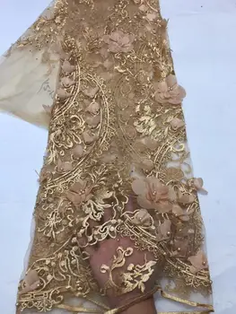 

Fashion gold African Lace Fabric High Quality 3D Flower Fabric Embroidery with Beads French Tulle Net Lace for Wedding Dress