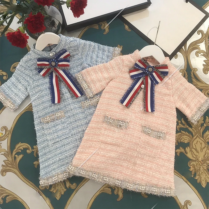 

2265B Pearls Brooch Brand Princess A-line Baby Girl Christmas Dress Fall Winter Party Kid Dress ForGirl Thanksgiving BabyClothes