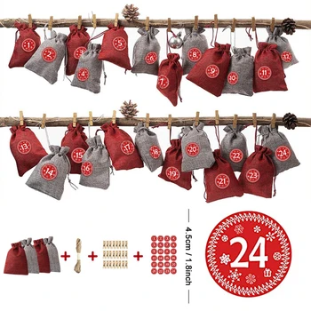 

24pcs 10x14cm Christmas Tricolor Candy Linen Drawstring Bag Christmas Advent Hanging Bag With 24pcs Red Number Stickers 3 Colors