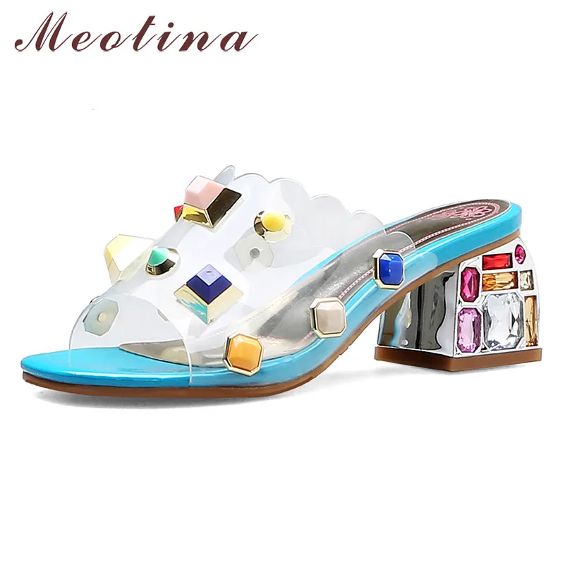 

Meotina Summer Slippers Women Shoes Rhinestone Thick High Heels Shoes Transparent Rivets Open Toe Slides Lady Sandals Size 33-46