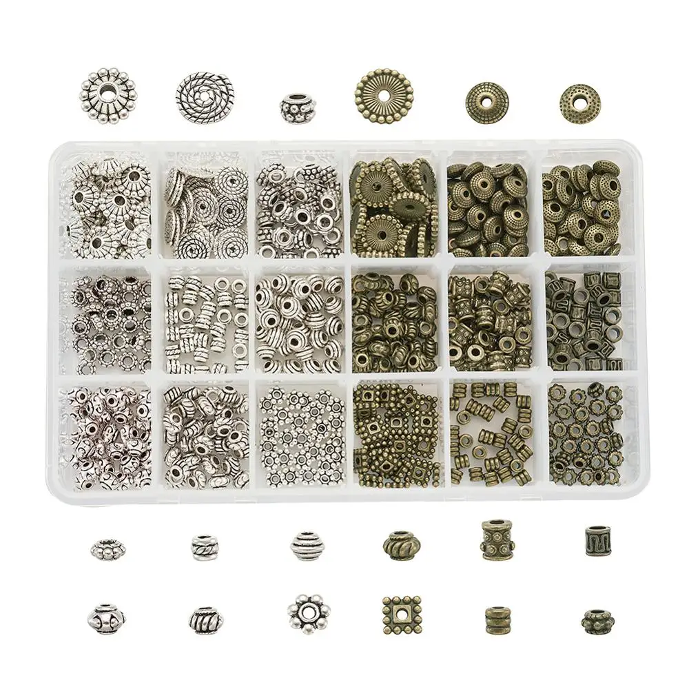 1 коробка, Тибетский Стиль, металлические бусины, разделитель, смешанные формы, античное серебро/разноцветные бусины, подвески для браслета, ожерелья, ювелирных изделий