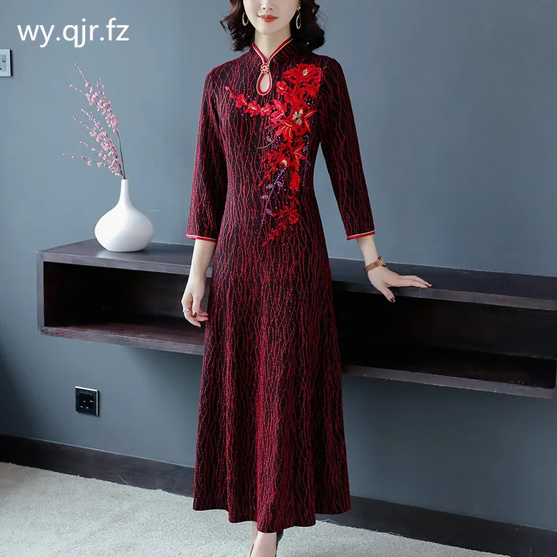 ASYH-8218# китайские Cheongsam платья матери невесты с вышивкой Длинные Бордовые Свадебные платья размера плюс Одежда для хора