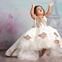 Блестящее бальное платье с высоким низким цветком для Девочек Пышные Платья с круглым вырезом и блестками для девочек фатиновое и атласное платье для первого причастия