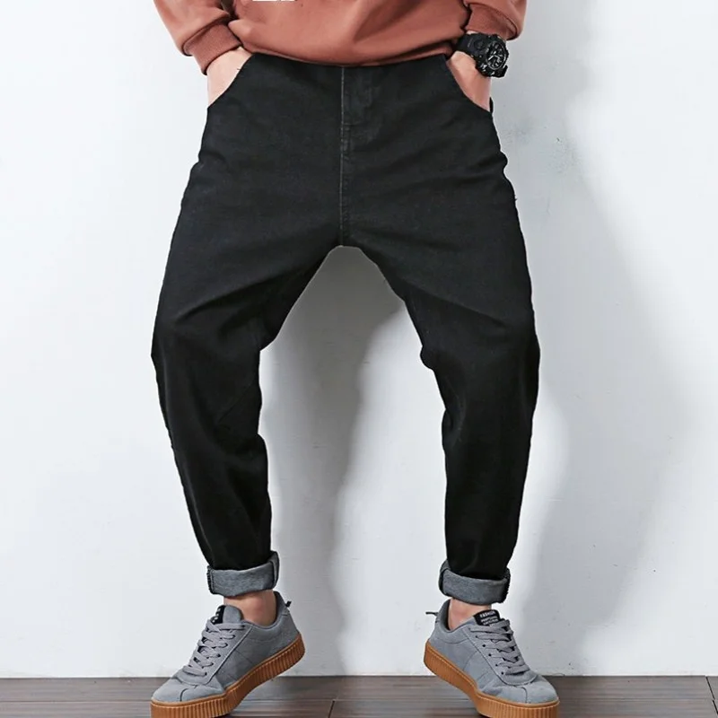 jersey harem pants Winter New Mens Fleece Lining Jean Pants Plus Size Mens Black Cotton Harem Pants Male Casual Loose Fit Denim Pants M-6XL linen harem pants