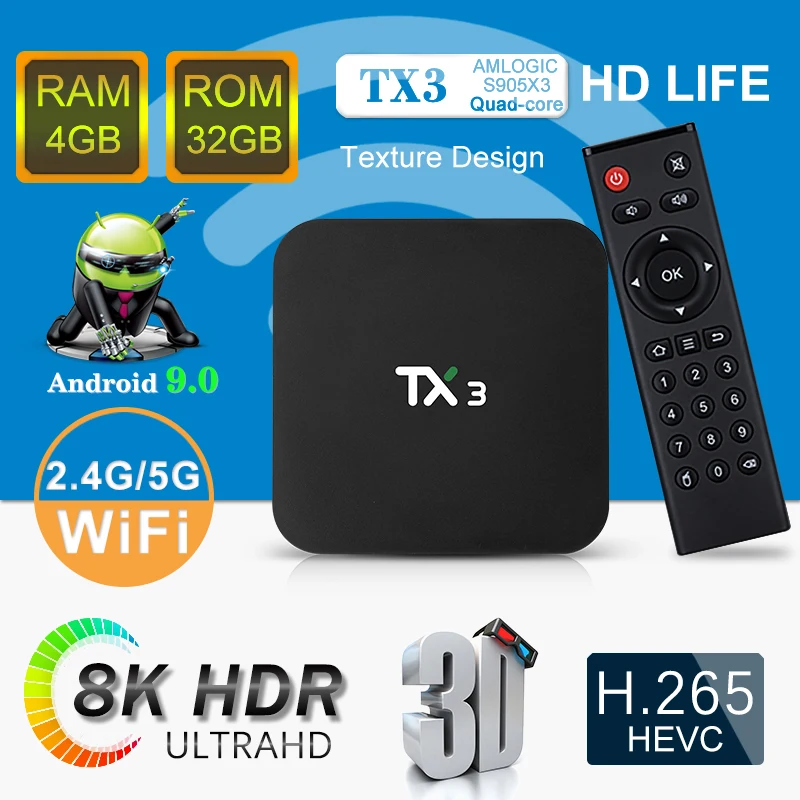 TX3 Android 9,0 Amlogic S905X3 64-разрядный четырехъядерный ТВ-приставка 4G ram 32GB 64GB rom 2,4G/5 GHz Wifi Youtube 8K медиаплеер телеприставка