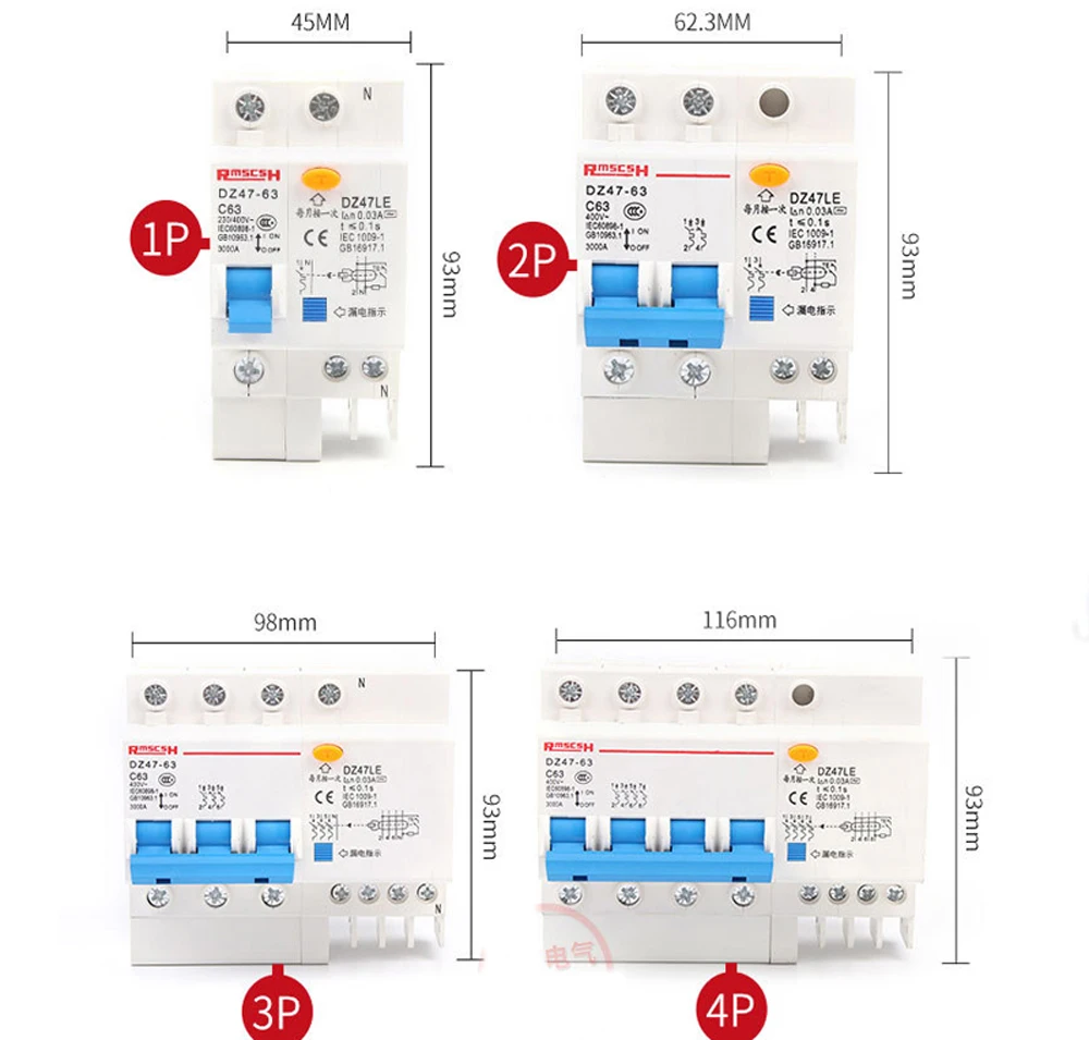 DZ47LE-63 Overload Protection ELCB Earth Leakage Circuit Breaker 1P+N 6A 10A 16A 25A 32A 40A 50A 63A Home Circuit Breaker MCB