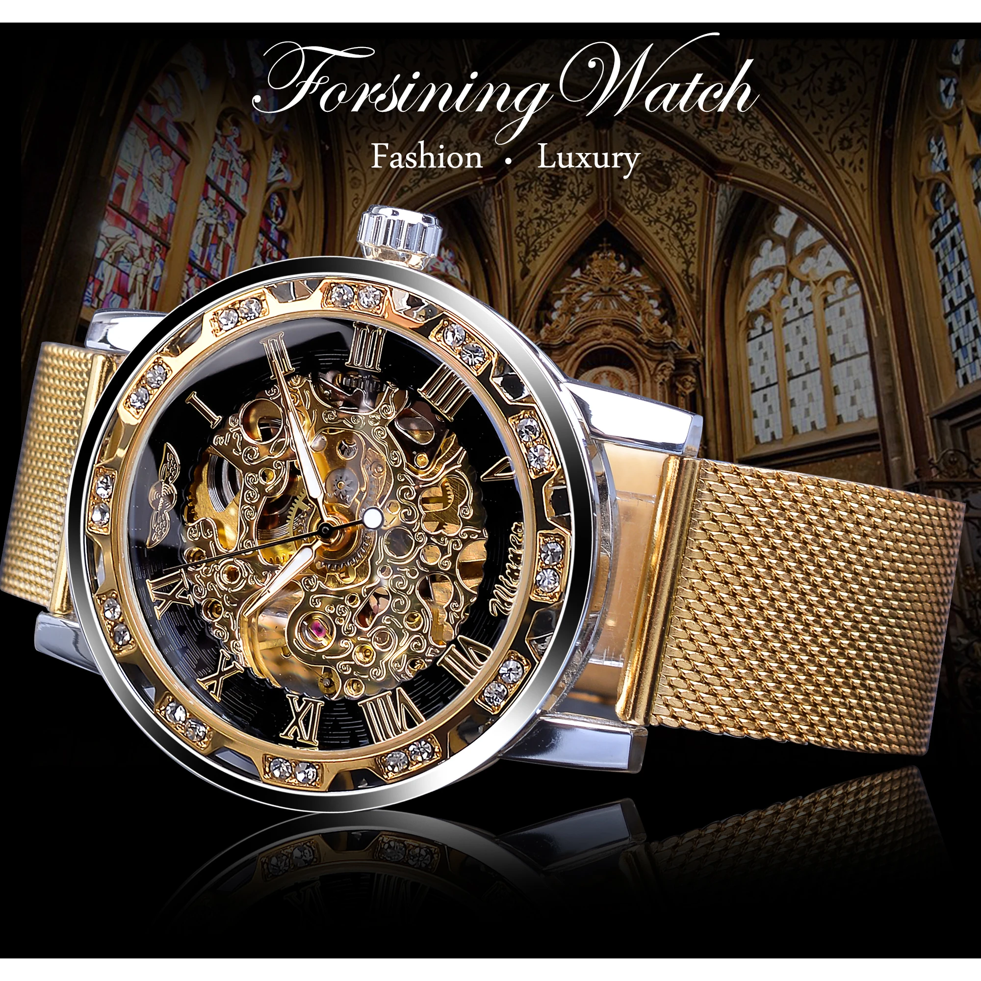 Winner золотые часы для мужчин Скелет механические часы кристалл сетки Тонкий нержавеющая сталь Группа лучший бренд Роскошные наручные часы