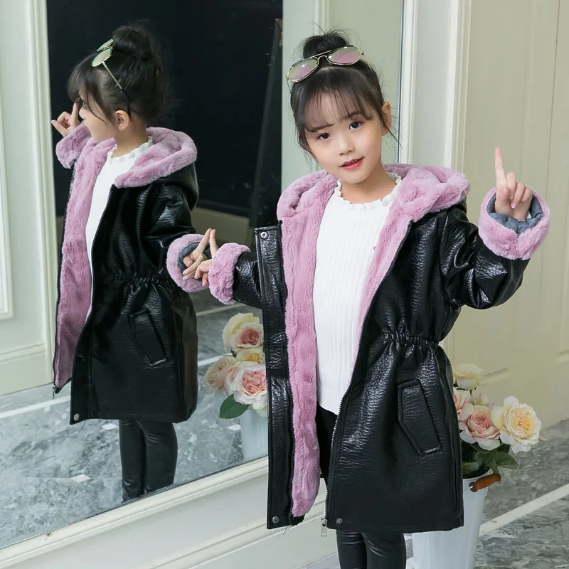 

Girls plus Velvet Leather Coat 2019 New Style Middle And Large Children Western Style Thick PU Leather Mid-length Leather Coat F