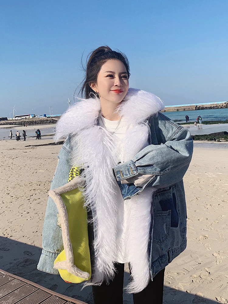 

Женское джинсовое пальто RosEvans из натурального меха, зимнее съемное пальто из монгольской овечьей шерсти с подкладкой и хлопковым воротником, Женская куртка с отверстиями